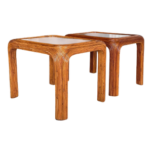 Mid-20th Century Restored Pencil Reed Rattan Side Tables With New Glass – Pair