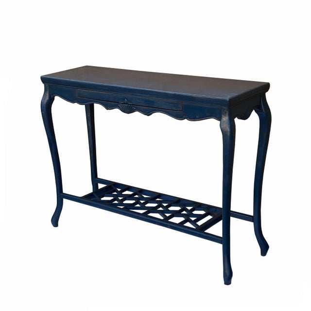 1970s Chinese Distressed Blue Lacquer Apron Curve Legs Console Side Altar Table For Sale - Image 5 of 9
