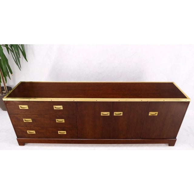 Mid 20th Century Campaign Style Brass Walnut Mid Century Drawers Doors Compartment Long Credenza For Sale - Image 5 of 13