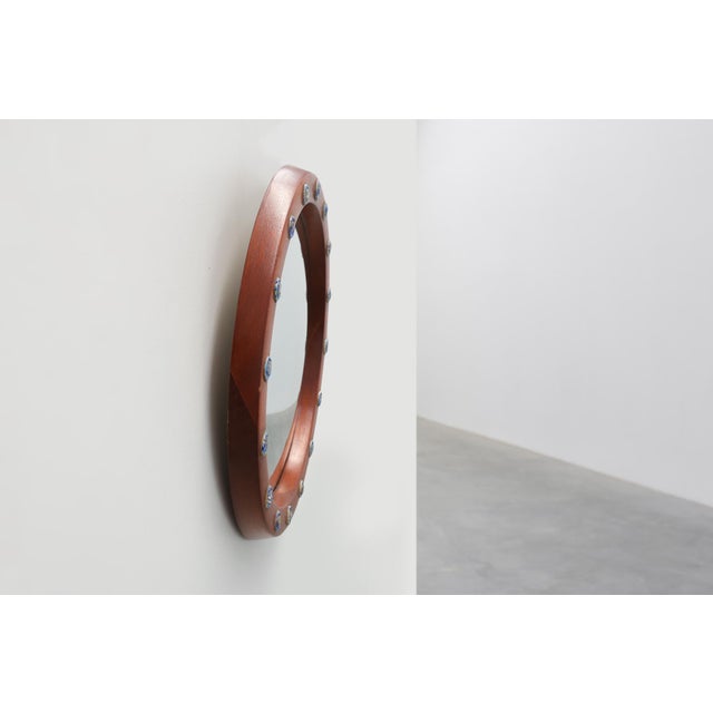 Round Teak Mirror with Blue Ceramic Stud Decoration by Deknudt, 1960s, 1950s For Sale - Image 6 of 11