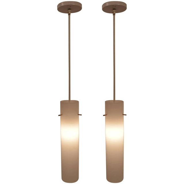 Metal Pair of Plastic Cylinder Hanging Lights For Sale - Image 7 of 7