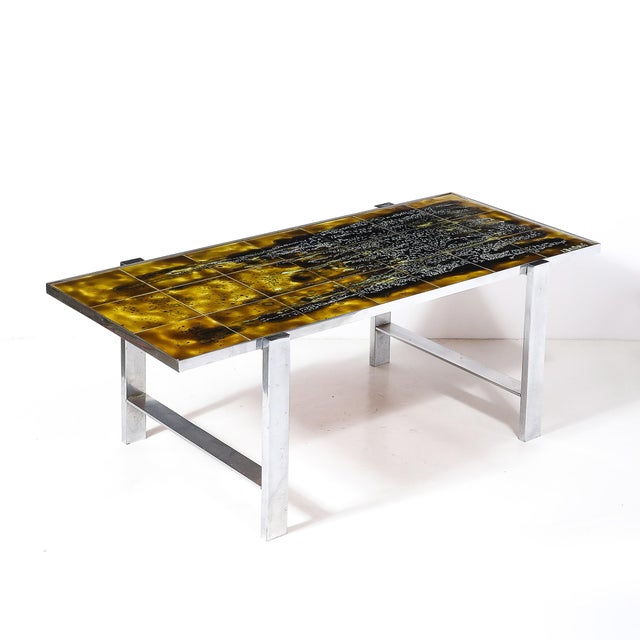 Mid-Century Ceramic Tile & Polished Aluminum Coffee Table by Juliette Belarti For Sale - Image 10 of 16