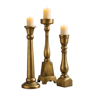 Monumental Sculptural Brass Floor Candlesticks, Set of 3 — Neoclassical Column Forms in Aged Sunlit Gold Finish (33”–36.5”) For Sale