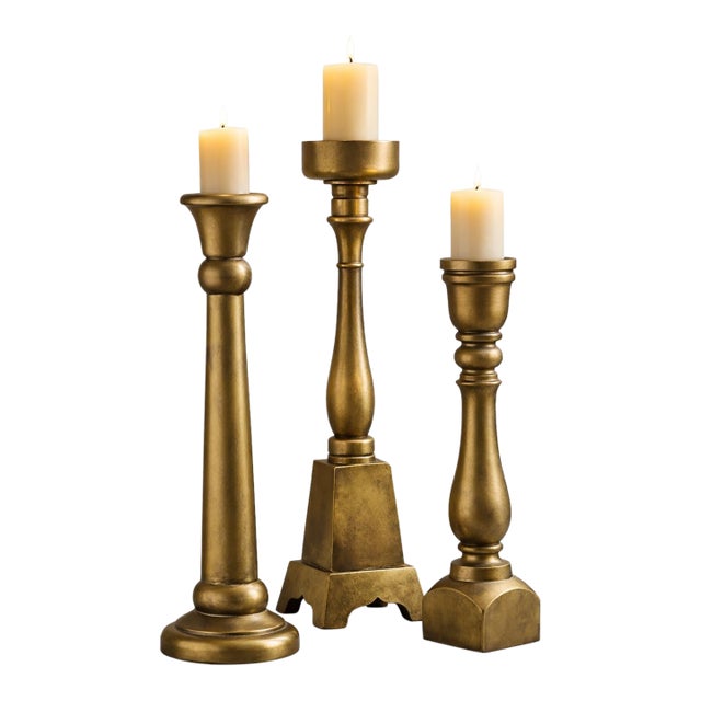 Monumental Sculptural Brass Floor Candlesticks, Set of 3 — Neoclassical Column Forms in Aged Sunlit Gold Finish (33”–36.5”) For Sale