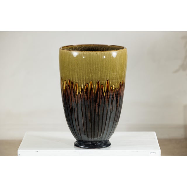 Late 20th Century Large Artisan Ceramic Planter with Olive and Brown Drip Glaze For Sale - Image 17 of 18