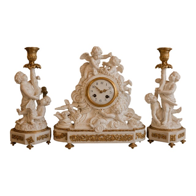 1840s French Sevres White Biscuit Clock Set - 3 Pc For Sale