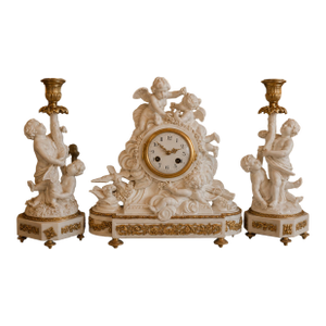 1840s French Sevres White Biscuit Clock Set - 3 Pc