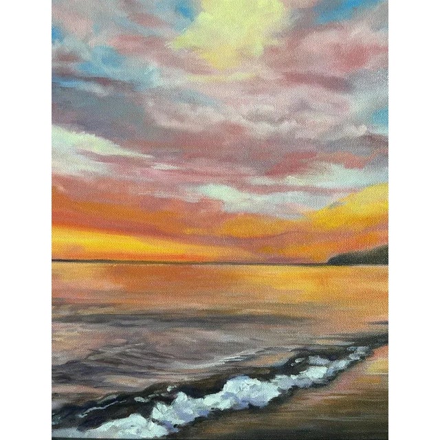 Colorful landscape artfully capturing a lone stroll on the shores entitled "Michigan Sunset" by Ohio artist Pat Carbone...