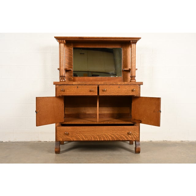 Early 20th Century Antique American Empire Tiger Oak Sideboard With Mirrored Backsplash, Circa 1900 For Sale - Image 5 of 15