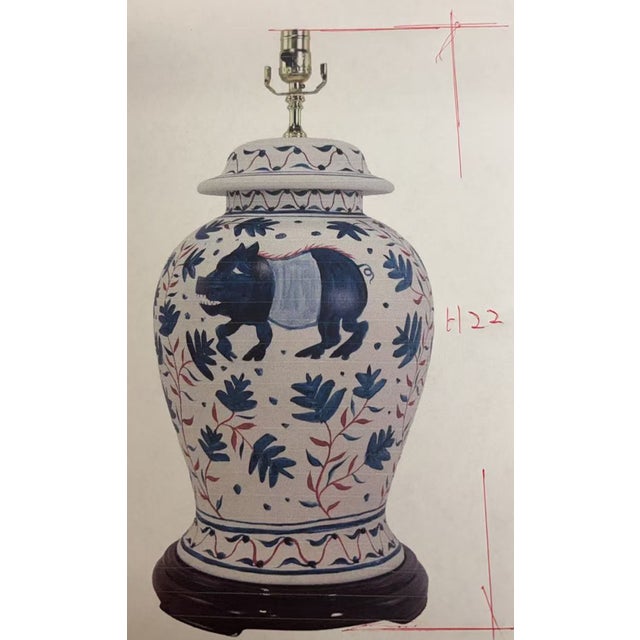 Pair of Vintage Brunschwig & Fils Cadiz Table Lamps - Blue and Cream Ceramic With Boar and Deer Motif For Sale - Image 15 of 18