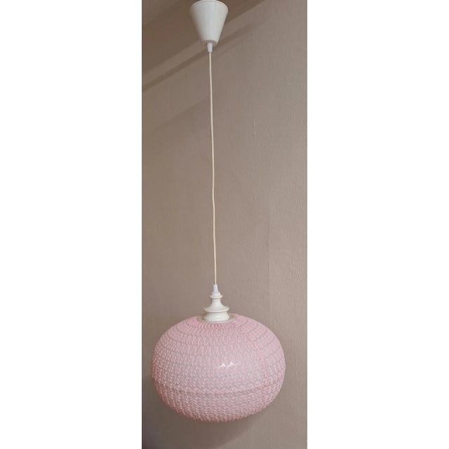 Vintage Pendant Lamp with Plastic Ball in Pink Fabric, 1970s, in Very Good conditions. Designed 1970 to 1979 Up to 250V...