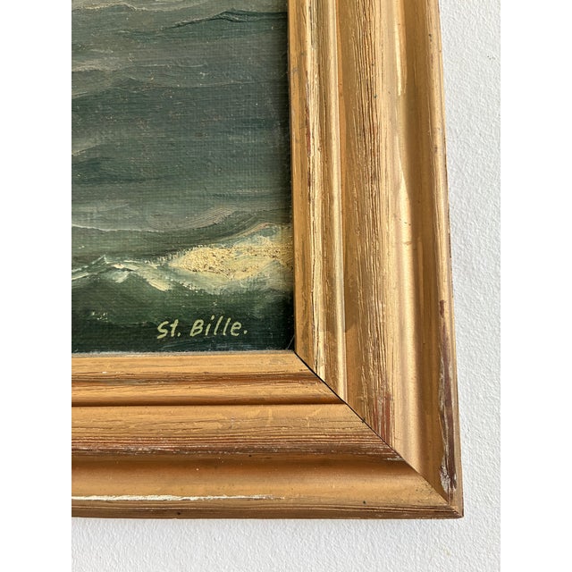 This original vintage oil painting, from around 1930, shows a sailing ship with tall cream-coloured sails crossing a blue-...