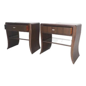 Century Walnut Waterfall Brand New Old Stock Two Tier Night Tables Stands - A Pair