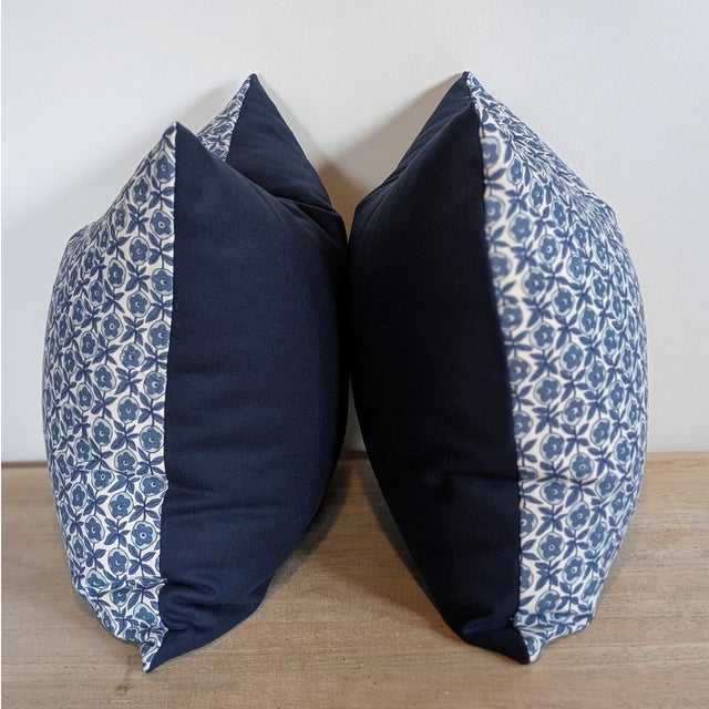Raoul Textiles Oscar print pillows in Delft Blue, with navy wool backs. 100% linen fronts, hand printed in Santa Barbara....