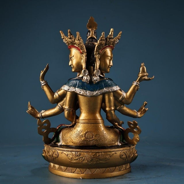 Bronze 1980s Tibetan Gilt Painted Bronze Ushnishavijaya (Vijaya) Statue, Three‑Face Eight‑Armed Buddhist Goddess Sculpture For Sale - Image 8 of 10
