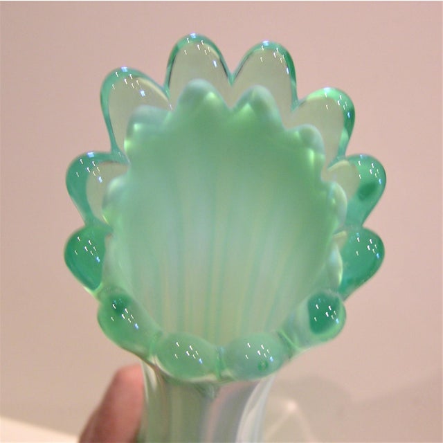 1960's Vintage Fostoria "Heirloom" Green Opalescent Ruffle Top Swung Vase Chairish