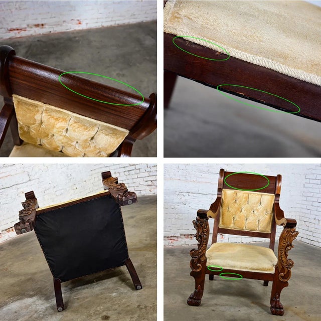 Late 1800s Antique Victorian Mahogany Armchair Carved Figural Lion Heads & Claw Feet & Gold Velvet Upholstery For Sale - Image 9 of 12