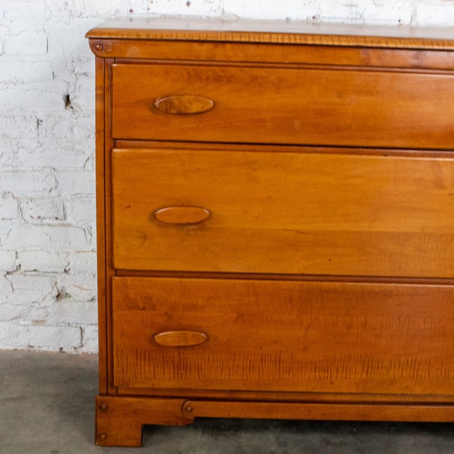 1930s to 1950s Transitional Solid Maple Gentleman’s Chest With Hand Carved Pulls and Wall Mirror For Sale - Image 15 of 18