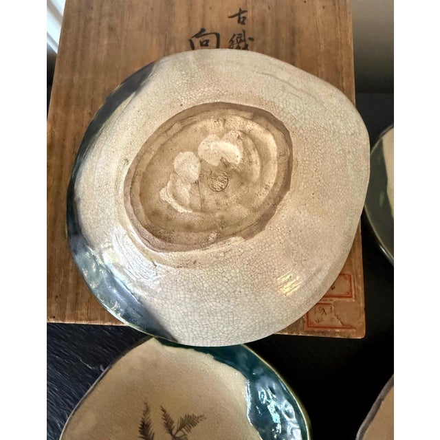 19th Century Set of Five Antique Ao-Oribe Ceramic Dishes with Tomobako Edo Period For Sale - Image 5 of 14