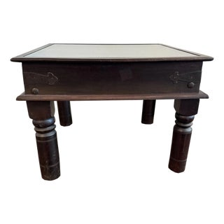 1960s Rustic Brown Wood Square End Table With Floral Medallion Carving – 1 Piece For Sale