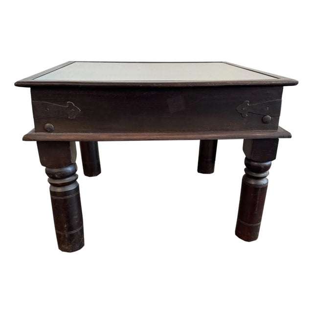 1960s Rustic Brown Wood Square End Table With Floral Medallion Carving – 1 Piece For Sale