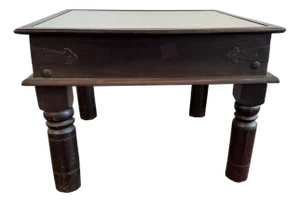 1960s Rustic Brown Wood Square End Table With Floral Medallion Carving – 1 Piece