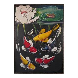 Contemporary "Fish 3 Together We Swim" Contemporary Koi Painting by Joffer Jhon, Framed For Sale