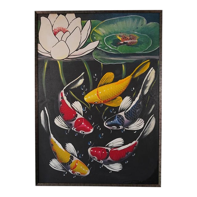 Contemporary "Fish 3 Together We Swim" Contemporary Koi Painting by Joffer Jhon, Framed For Sale