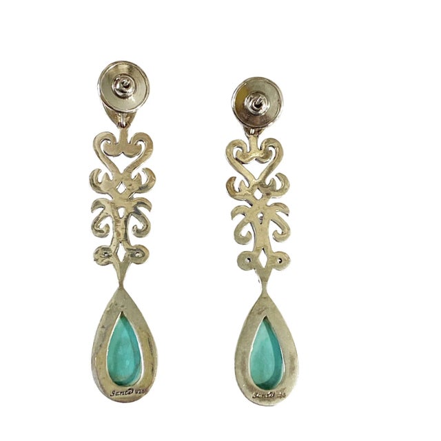 Vintage Sterling Silver and Marcasite Earrings With Turquoise Stone 2.75" Long For Sale In New York - Image 6 of 6