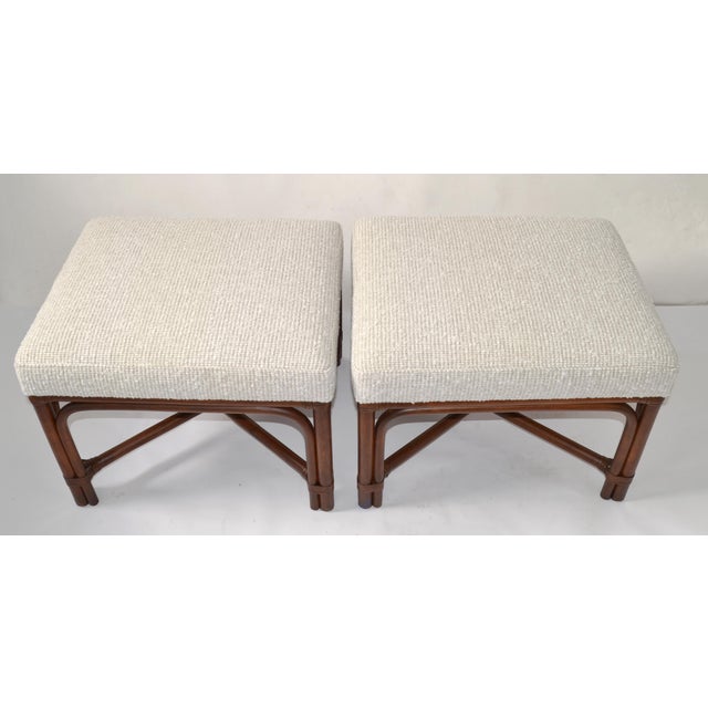 Wood Pair of 1970s McGuire Attributed Bamboo Wood Bouclé Fabric Upholstery Ottomans Mid-Century Modern For Sale - Image 7 of 13