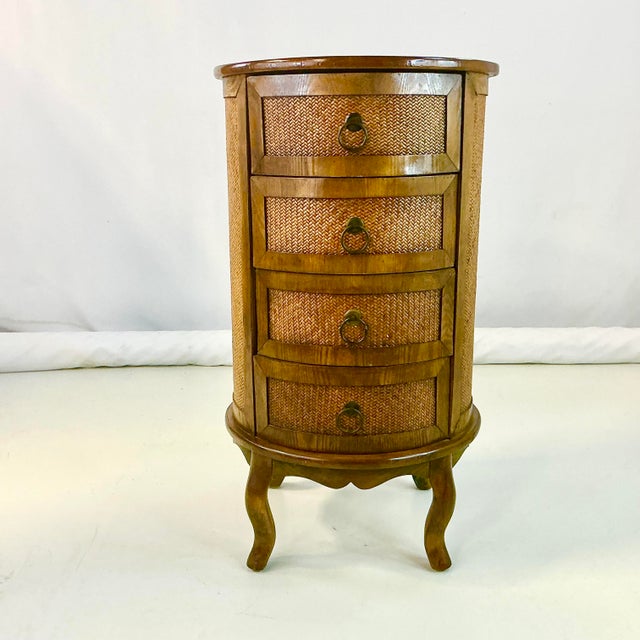 English 1980s British Colonial Ralph Lauren Style Round Herringbone Cane & Wood Cabinet, 4 Drawers For Sale - Image 3 of 16