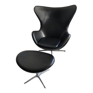 Rove Concepts Black Leather Egg Chair & Ottoman, 2 Pieces For Sale