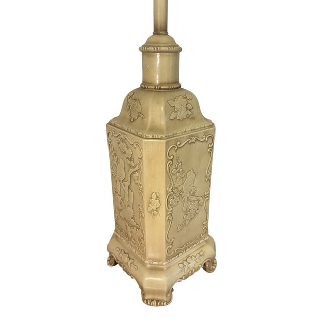 Mid 20th Century Chinoiserie Plaster Table Lamp Raised Bird Floral Relief Cream For Sale In Philadelphia - Image 6 of 17