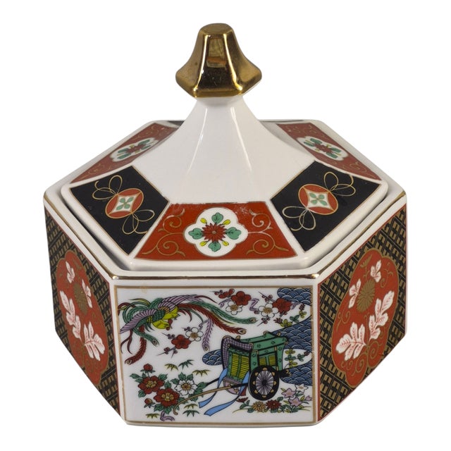 Brick Red Vintage Hexagonal Japanese Imari-Style Covered Trinket, Candy Dish For Sale - Image 8 of 9