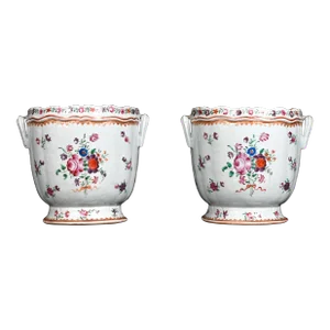 Antique 18th Century Chinese Export Qianlong Porcelain Cachepot Jardinieres or Bottle Coolers in Famille Rose Circa 1770 - a Pair