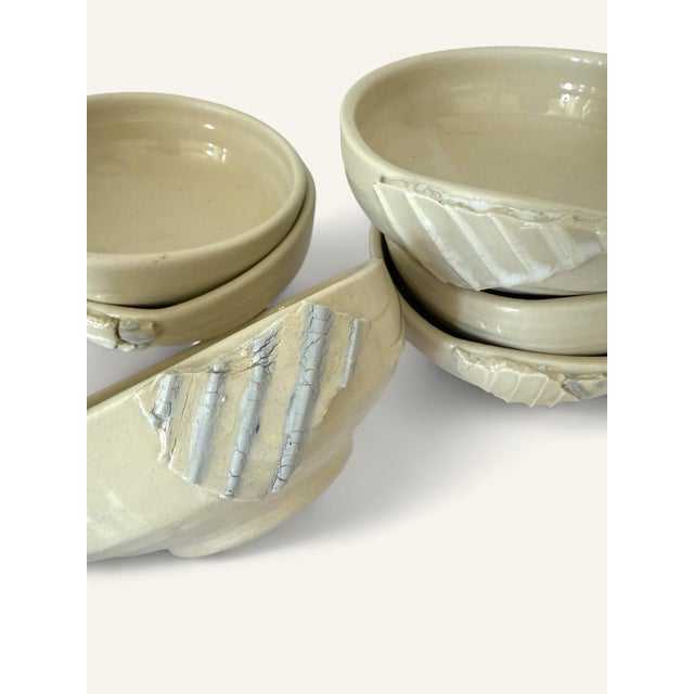 Set of 6 Stoneware Pottery Bowls – Handcrafted With Ceramic Appliqué & Hint of Dusty Blue Glaze For Sale - Image 4 of 4