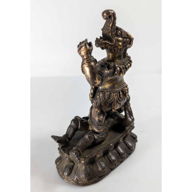 17th or 18th Century Chinese Sino-Tibetan Gilt Bronze Buddhist Makala Faced Deity Figure For Sale - Image 12 of 18