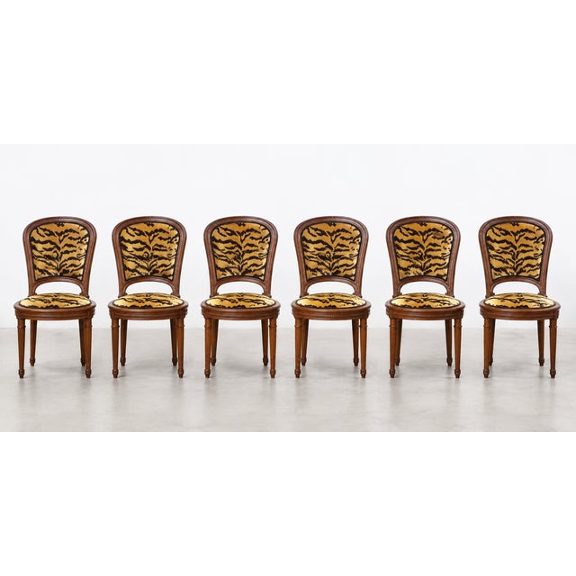 Brown Set of 6 French Louis XVI Style Fruitwood Dining Chairs Scalamndre Tiger Velvet For Sale - Image 8 of 8