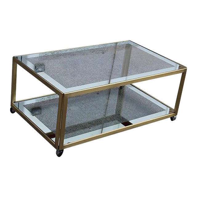 Coffee Table in Satin Brass and Mirrored Glass, 1970s For Sale