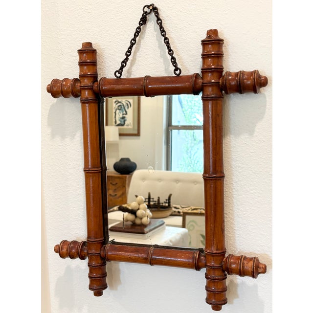 French Antique French Faux Bamboo Wall Mirror, Petite Turned Wood Frame #2 of 3 Listed For Sale - Image 3 of 16
