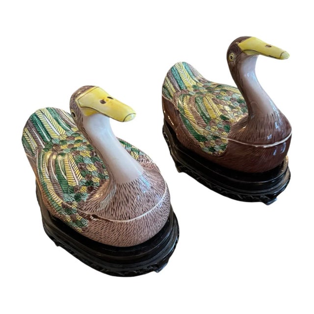 Vintage Chinese Export Duck Tureens/Boxes on Carved Bases For Sale - Image 11 of 12