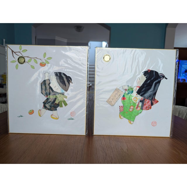 1970s Japanese Nishijin Silk Oshie Fabric Collage Shikishi Art Boards - Pair For Sale - Image 11 of 11