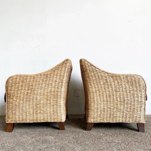 Boho Chic Boho Chic Wicker Arm Chairs With Brown Cushions For Sale - Image 3 of 10