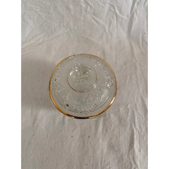 Pressed Glass Candy Dish Footed Dish w/ Lid Grape & Leaf Design Gold Accents on Lid