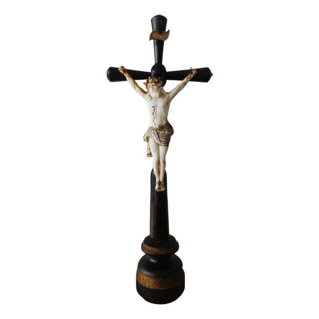 Antique Crucifix, 1800s, Wood & Porcelain For Sale