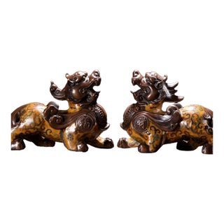Pair of Vintage Cloisonné Enamel Pixiu Statues With Gilt Bronze Accents For Sale