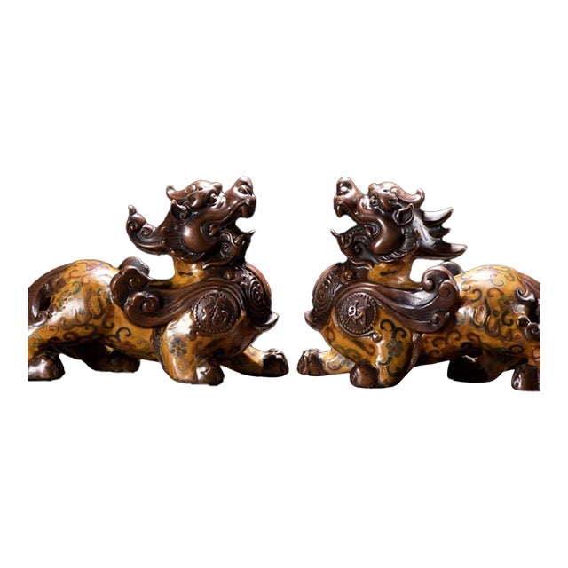 Pair of Vintage Cloisonné Enamel Pixiu Statues With Gilt Bronze Accents For Sale