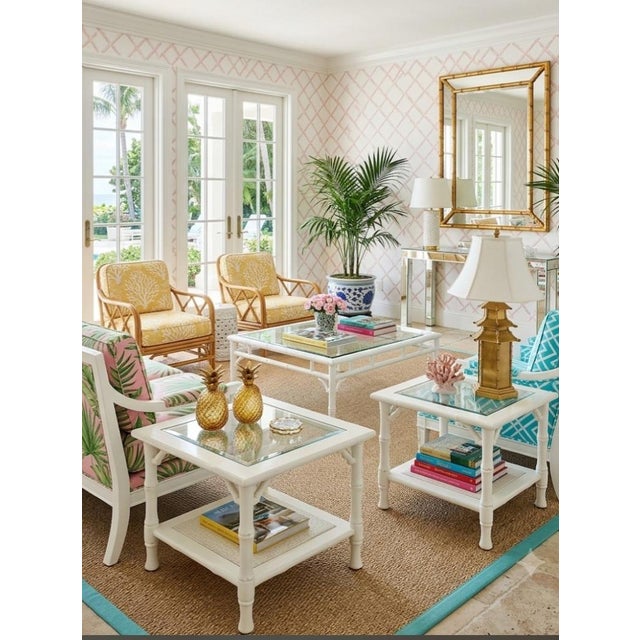 Glass Vintage Mersman Faux Bamboo Cane Palm Beach White Glass Top Side Tables- a Pair For Sale - Image 7 of 11
