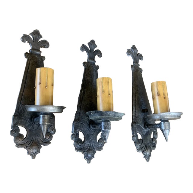 1910s Cast Brass Pewter Finish with Rustic Patina - Set 3 For Sale