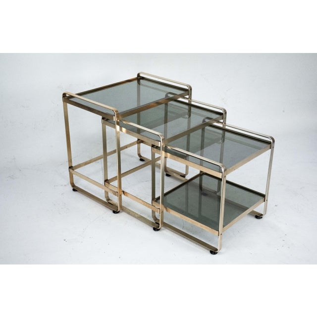 Nesting Side Tables in Gilded Aluminum and Glass, Italy, 1970s, Set of 3 For Sale - Image 4 of 13